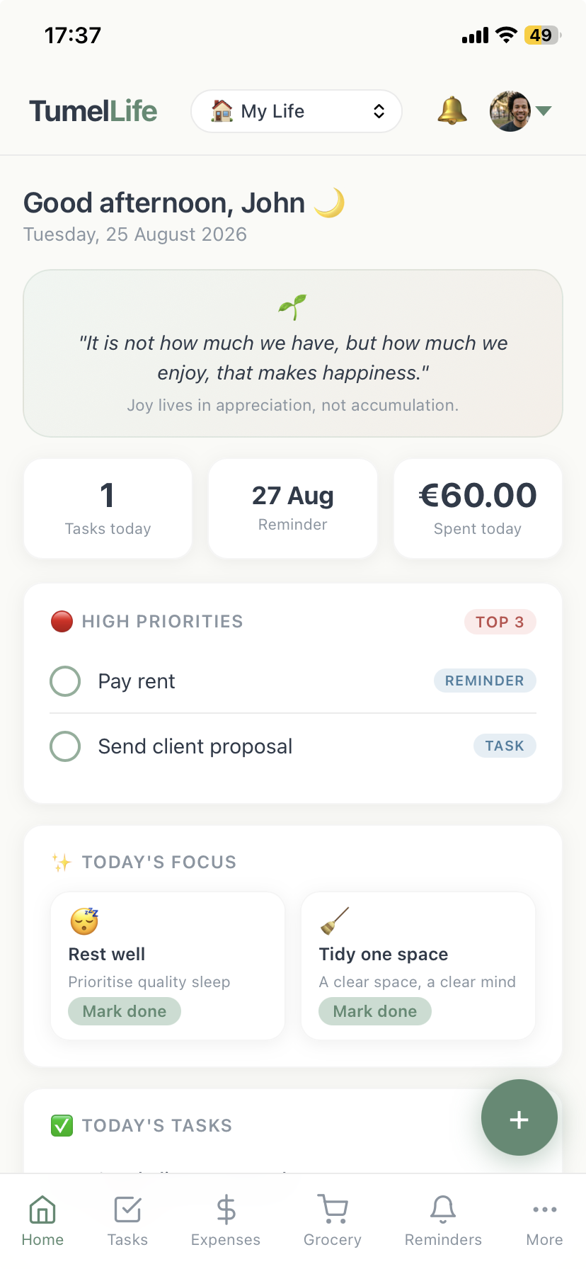 TumelLife daily dashboard showing tasks, reminders and expenses