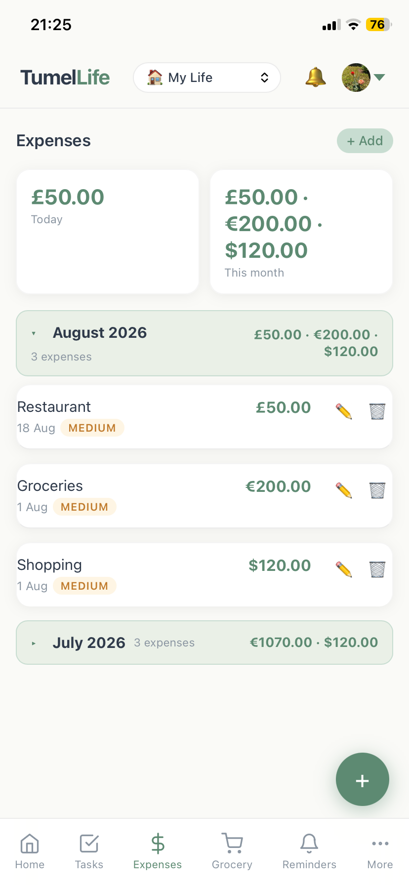 TumelLife Money section showing income, expenses, left over and savings goals