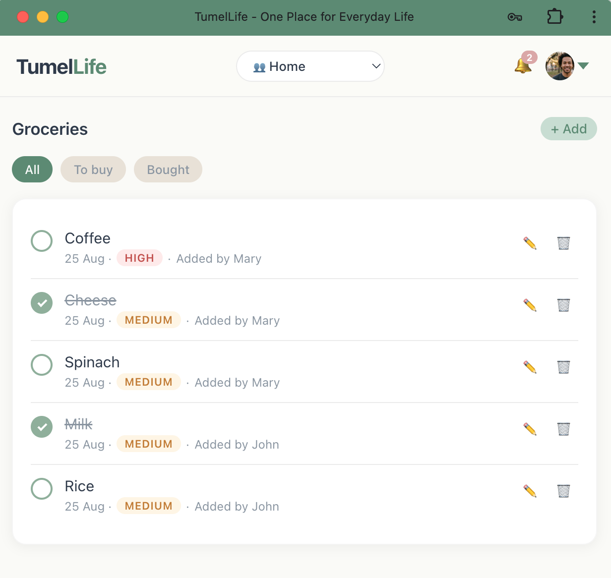 TumelLife shared grocery list