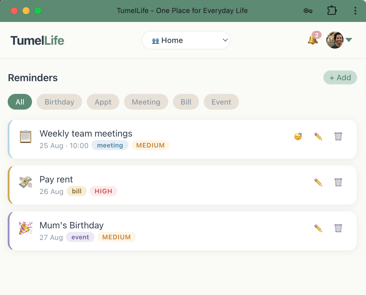 TumelLife recurring reminders for couples, families and teams