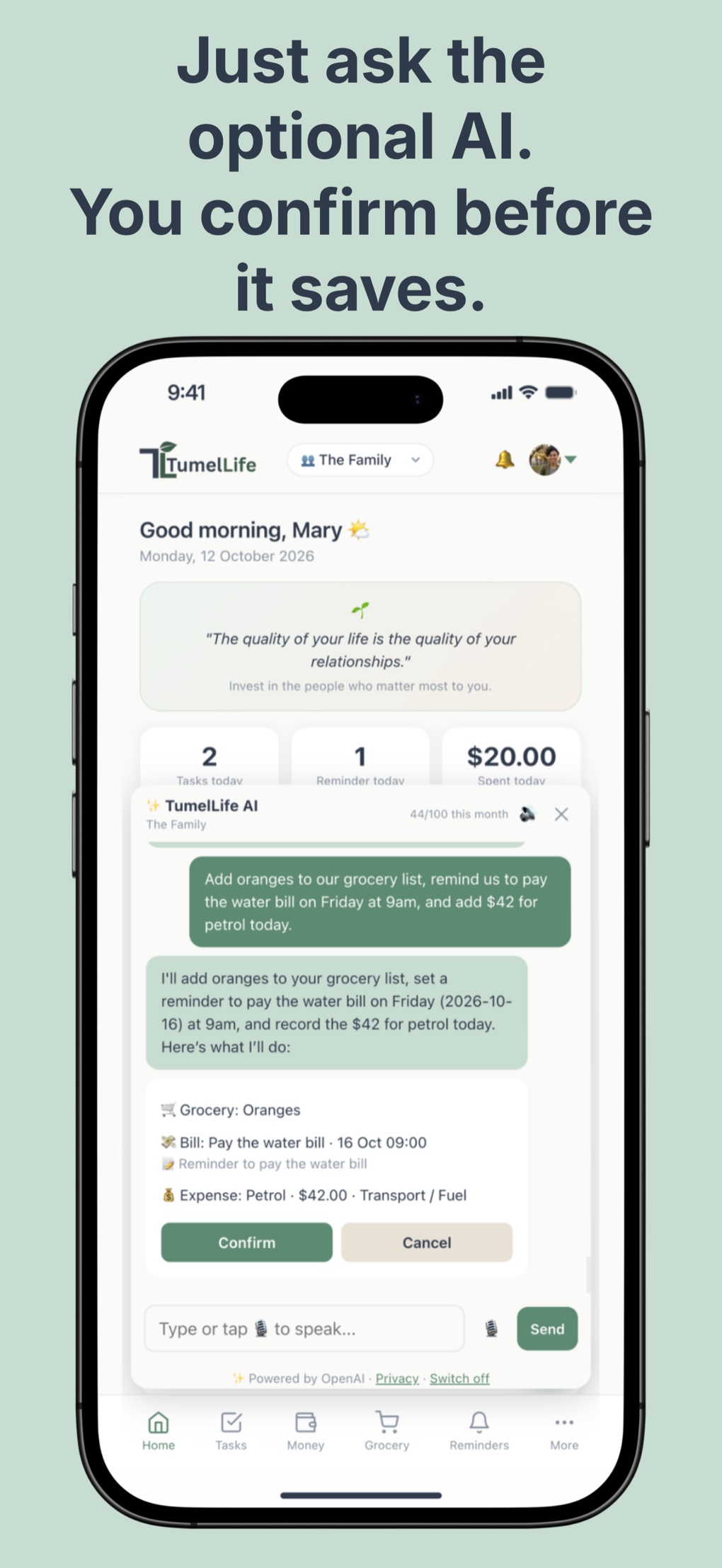 TumelLife AI Assistant preparing items for you to confirm