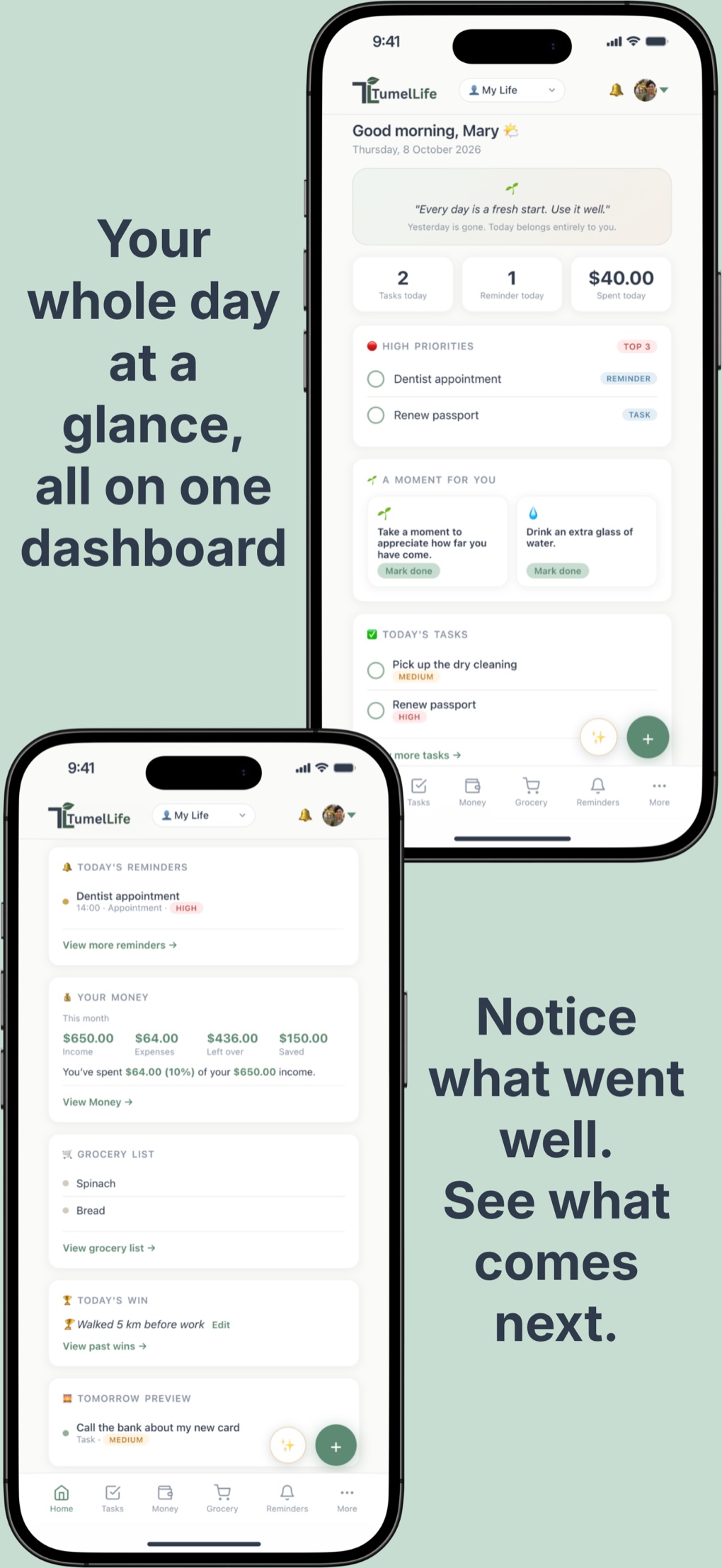 TumelLife Home dashboard: today's priorities, tasks and spending, A Moment for You, Today's Win and Tomorrow's Preview