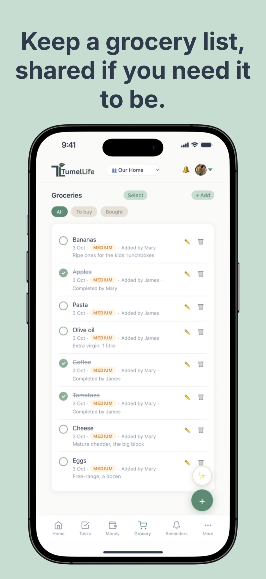 TumelLife shared grocery list