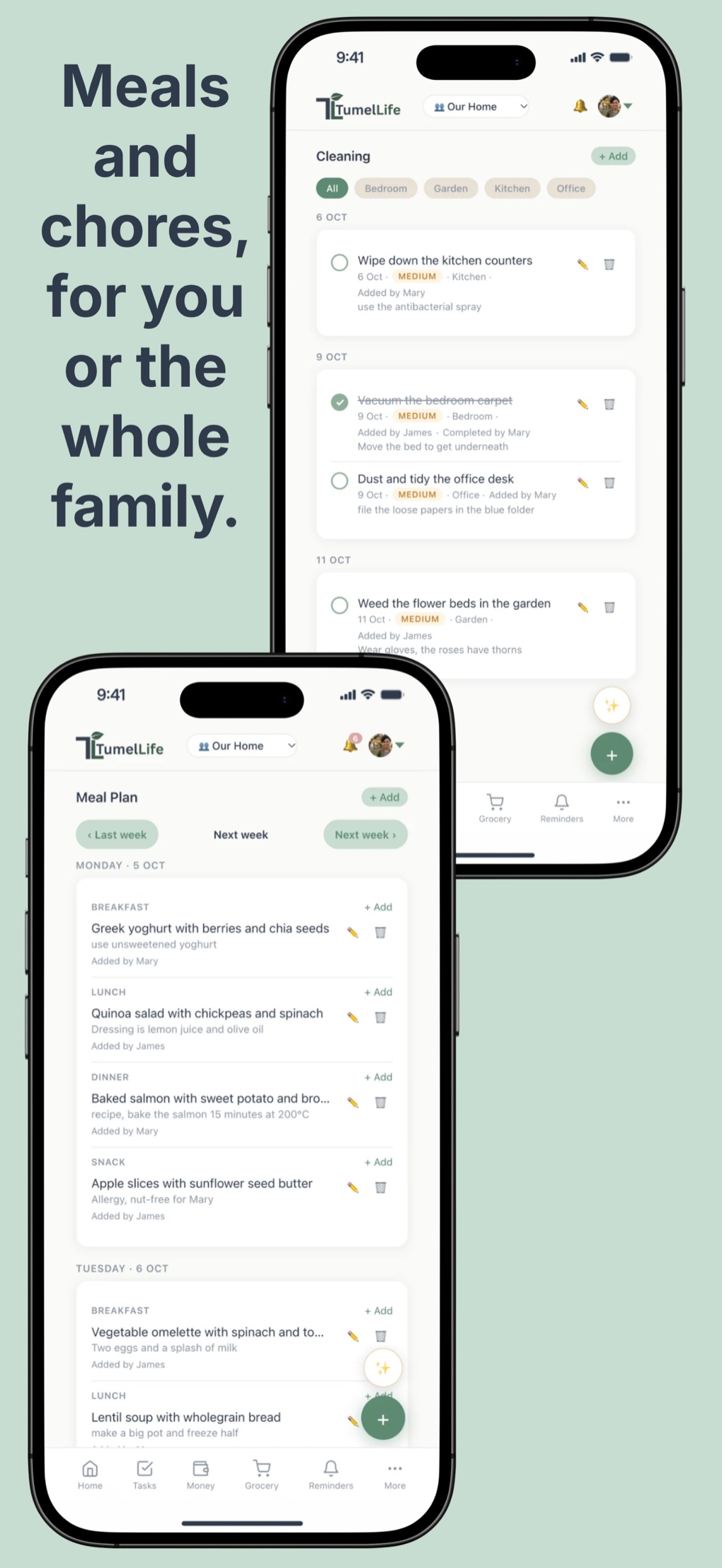TumelLife weekly meal planner and cleaning by room