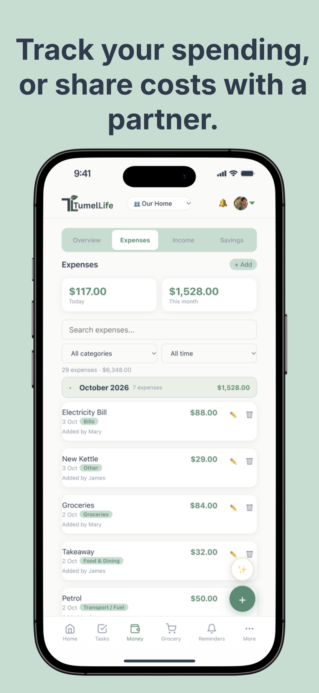TumelLife Money with shared expenses and who added them
