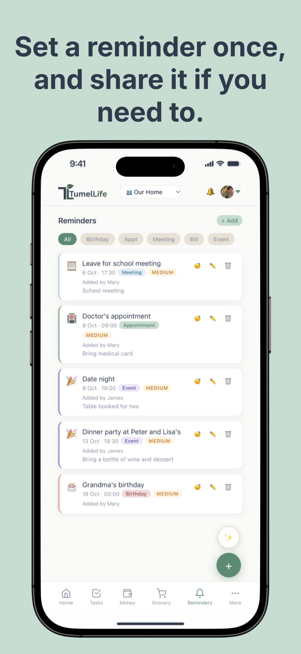 TumelLife reminders, including repeating reminders for the people who need them